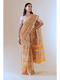 Shilpi Handicrafts - Aheli Marigold Yellow Chanderi Saree With Unstitched