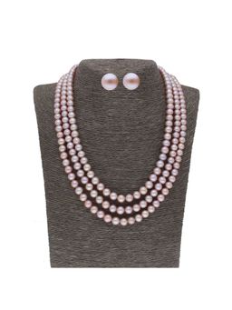 Sri Jagdamba Pearls - 3 Line Round Pink Pearl Necklace Set