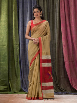 Angoshobha - Tan Cotton Blended Traditional Jamdani Saree with Unstitched Blouse