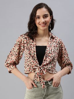 SHOWOFF - Women's Abstract Fitted Beige Shirt Collar Crop Top