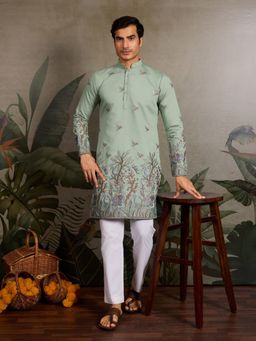 Odette - Green Embroidered Silk Blend Full Sleeves Men's Kurta