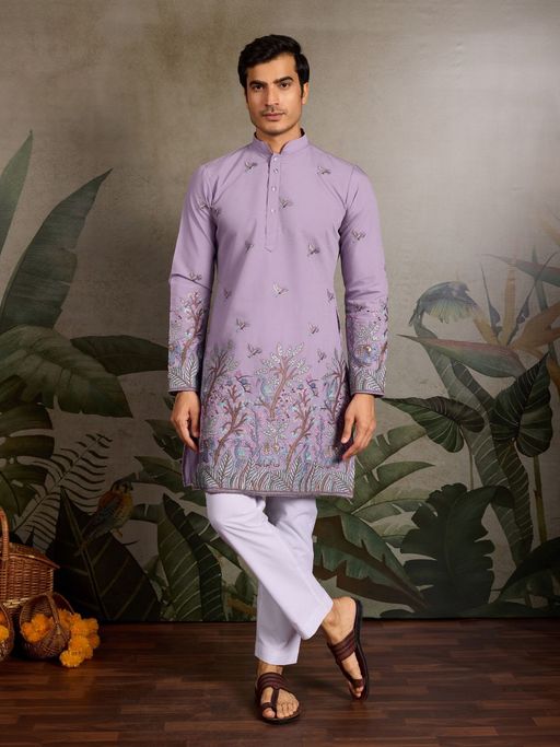 Odette Lavender Embroidered Silk Blend Full Sleeves Men's Kurta