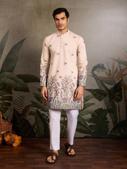 Odette - Beige Embroidered Silk Blend Full Sleeves Men's Kurta