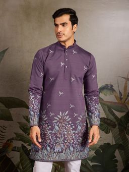Odette - Purple Embroidered Silk Blend Full Sleeves Men's Kurta