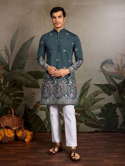 Odette - Green Embroidered Silk Blend Full Sleeves Men's Kurta