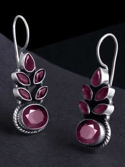 Peora - 925 Sterling Silver Oxidised Finish Anti Tarnish Diamond Cut Faux Ruby Earring-PF59E73RP