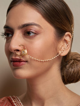 Azai by Nykaa Fashion - Traditional Red Stone Nath with Pearl Beaded Chain