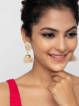 Indya - Gold White Beaded Traditional Jhumka Earrings
