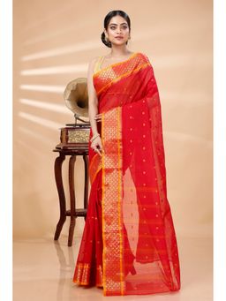 DipDiya - Red Pure Cotton Woven Saree Without Blouse