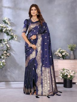 Anaita - Navy Blue Premium Banarasi Tissue Silk Woven Gala Saree with Unstitched Blouse