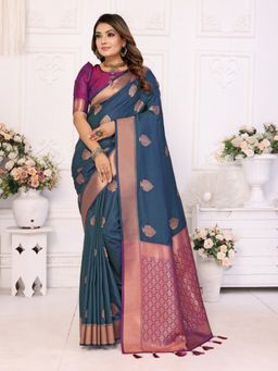 Anaita - Navy Blue Silk Woven Saree with Unstitched Blouse