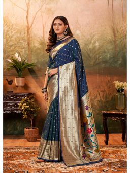 Anaita - Navy Blue Silk Woven Saree with Unstitched Blouse