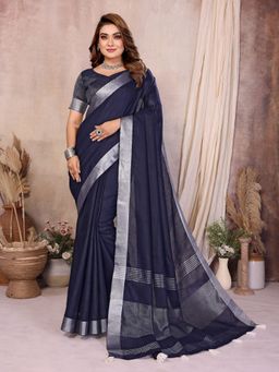 Anaita - Navy Blue Linen Woven Saree with Unstitched Blouse