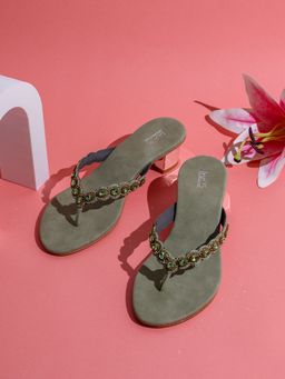 Inc.5 - Womens Green Party Wear Embellished Round Toe Block Sandal Heels