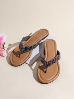 Inc.5 - Womens Grey Ethnic Embellished T-Strap Flats