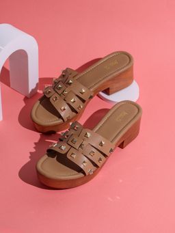 Inc.5 - Womens Beige Party Wear Embellished Round Toe Block Sandal Heels