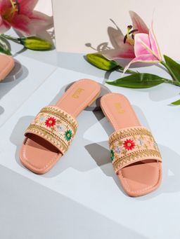 Inc.5 - Womens Peach Ethnic Embellished Square Toe Flats