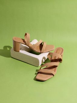 Inc.5 - Womens Beige Party Wear Striped Square Toe Block Sandal Heels