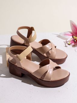 Inc.5 - Womens Beige Party Wear Striped Round Toe Block Sandal Heels