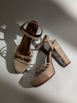 Inc.5 - Womens Golden Party Wear Striped Round Toe Block Sandal Heels