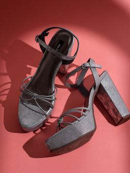 Inc.5 - Womens Silver Party Wear Striped Round Toe Block Sandal Heels