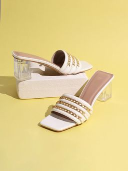Inc.5 - Womens White Party Wear Embellished Square Toe Block Sandal Heels