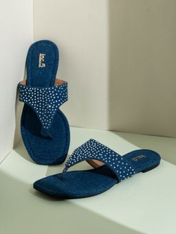 Inc.5 - Womens Navy Blue Ethnic Embellished T-Strap Flats