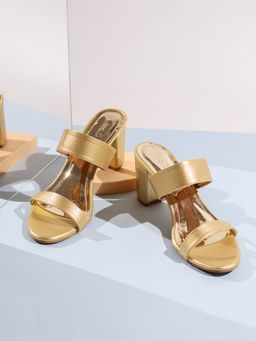 Inc.5 - Womens Golden Party Wear Solid Round Toe Block Sandal Heels