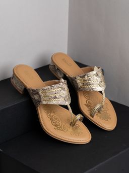 Inc.5 - Womens Golden Ethnic Printed Toe One Toe Block Sandal Heels