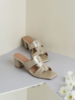 Inc.5 - Womens Golden Party Wear Solid Square Toe Block Sandal Heels