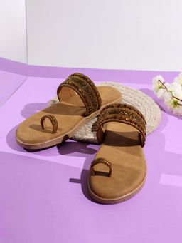 Inc.5 - Womens Golden Ethnic Embellished One Toe Slip-On Sandals