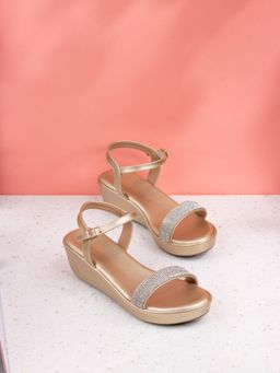 Inc.5 - Womens Golden Party Wear Solid Round Toe Wedges Sandals