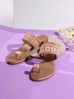 Inc.5 - Womens Rose Gold Ethnic Printed Toe One Toe Block Sandal Heels