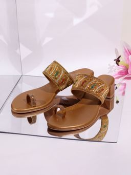 Inc.5 - Womens Golden Ethnic Embellished One Toe Block Sandal Heels