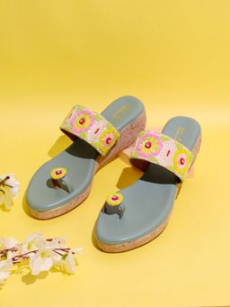 Inc.5 - Womens Green Ethnic Embellished One Toe Wedges Heels