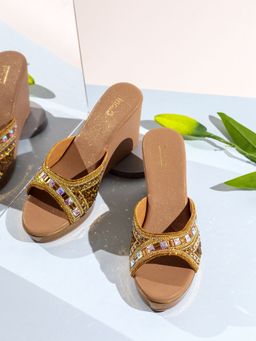 Inc.5 - Womens Golden Ethnic Embellished Round Toe Wedges Heels