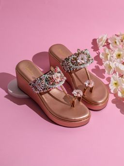 Inc.5 - Womens Rose Gold Ethnic Embellished One Toe Wedges Heels