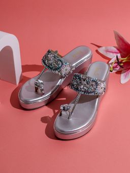 Inc.5 - Womens Silver Ethnic Embellished One Toe Wedges Heels