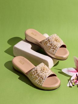 Inc.5 - Womens Golden Ethnic Embellished Round Toe Slip-On Sandals