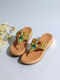 Inc.5 - Womens Golden Ethnic Embellished T-Strap Slip-On Sandals