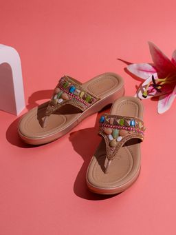 Inc.5 - Womens Rose Gold Ethnic Embellished T-Strap Slip-On Sandals