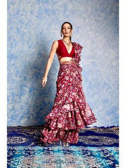 Rashika Sharma - Maroon Nitara Ruffle Pre Stitched Saree with Belt with Stitched