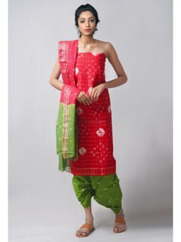 Unnati Silks - Unstitched Red Pure Bandhani Cotton Salwar Kameez (Set of 3)