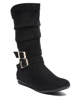 Bruno Manetti - Womens Black Side Zipper Pu Belt with Buckle Round Toes Calf Length Boots