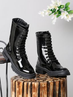 Bruno Manetti - Womens Black Lace Up Patent Leather Calf Length Chunky Sole Boots