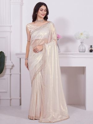 Women's Georgette Cream Embellished Designer Saree With Blouse Piece