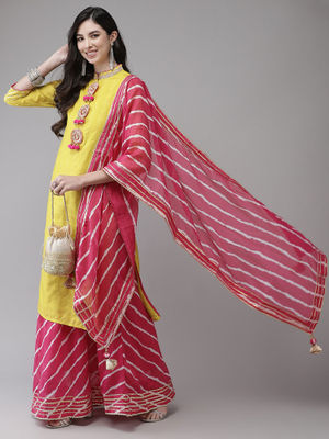 Ishin Women's Green & Pink Embroidered Kurta Sharara Dupatta Set – A-Line Kurta, Palazzo, & Dupatta, Size Small