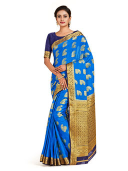 Mimosa - Blue Mysore Silk Style Crepe Saree With Unstitched Blouse