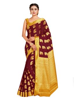 Mimosa - Maroon Mysore Silk Style Crepe Saree With Unstitched Blouse