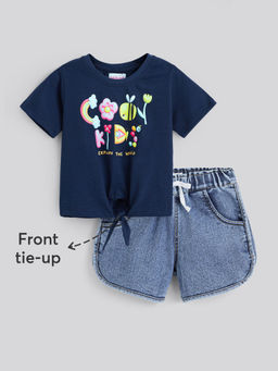 Hopscotch - Navy Blue Floral T-shirt & Denim Shorts